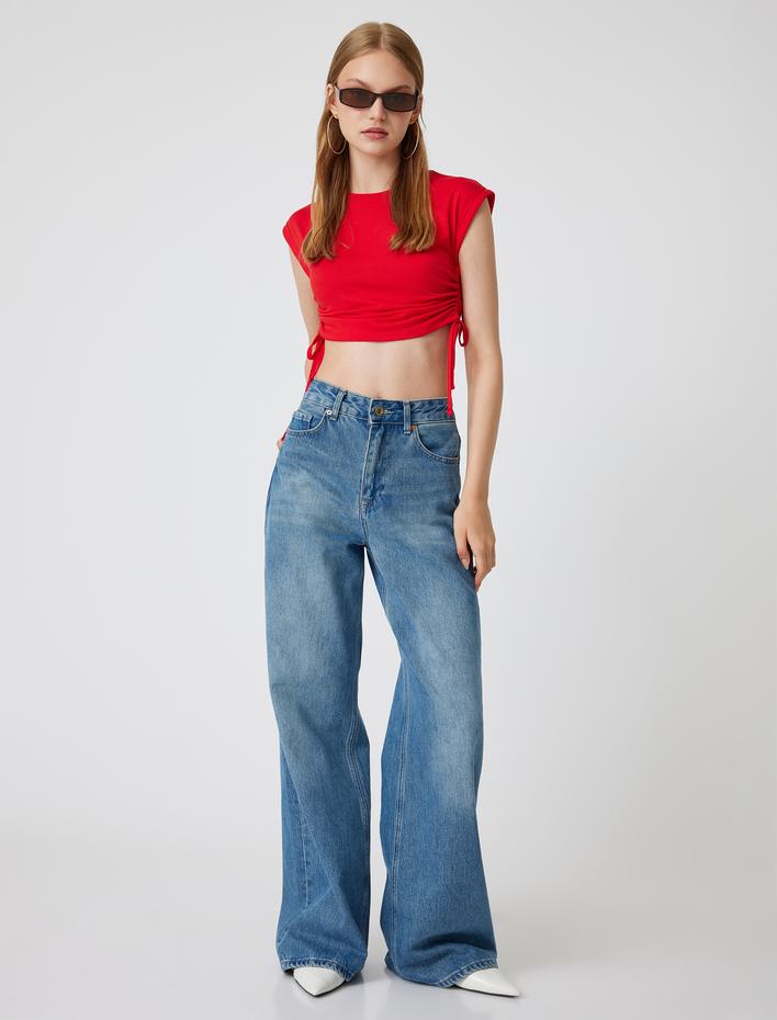  Kolsuz Crop Tişört Yanları Büzgülü Bağlamalı Bisiklet Yaka