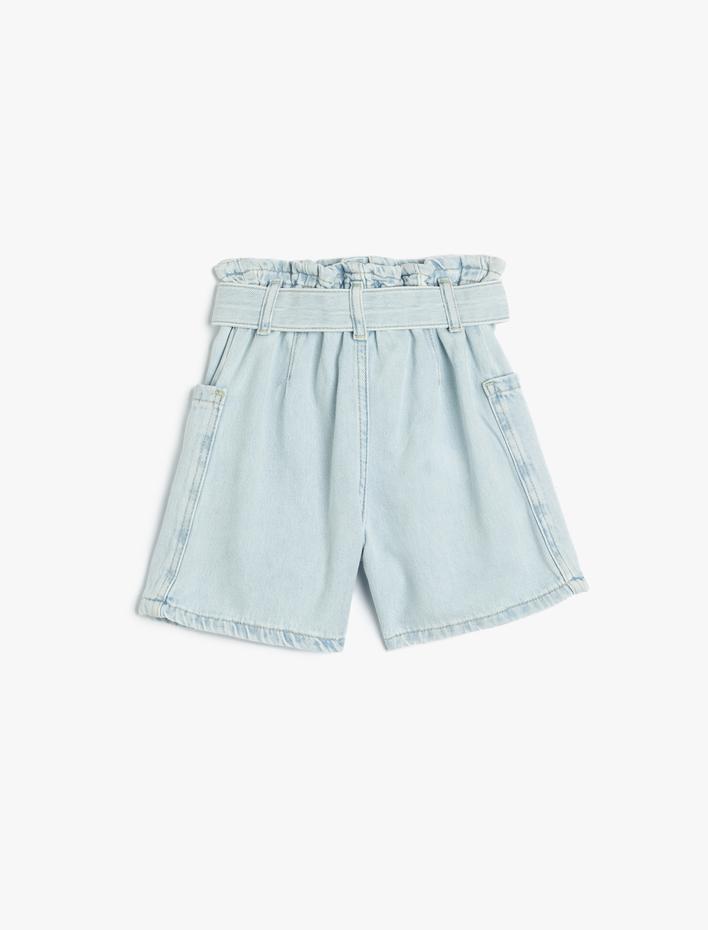 Kız Çocuk Kot Şort Kuşak Detaylı Cepli Pamuklu Beli Lastikli