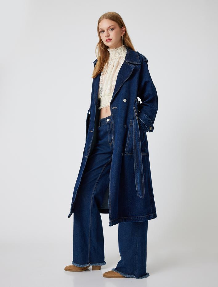  Denim Trençkot Uzun Kruvaze Yaka Apoletli Kemer Detaylı Cepli