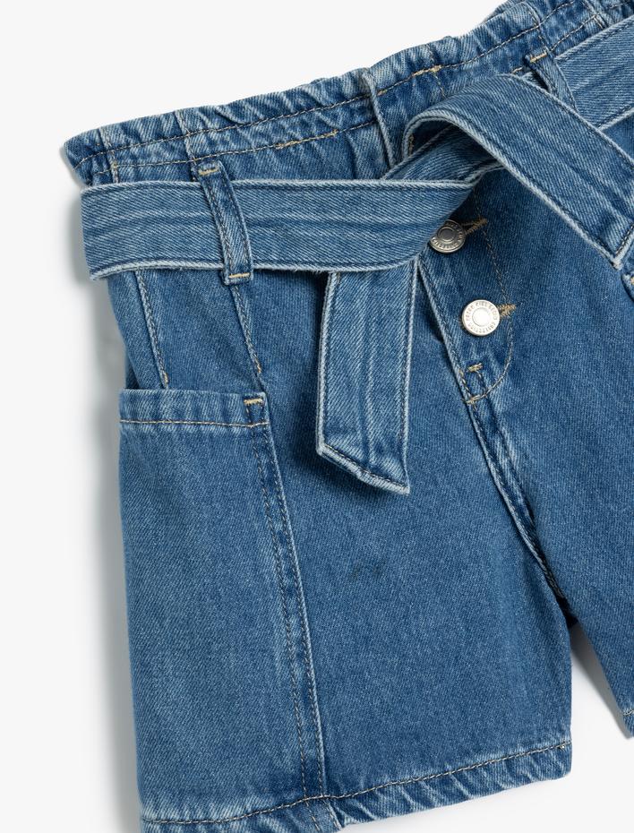 Kız Çocuk Kot Şort Kuşak Detaylı Cepli Pamuklu Beli Lastikli