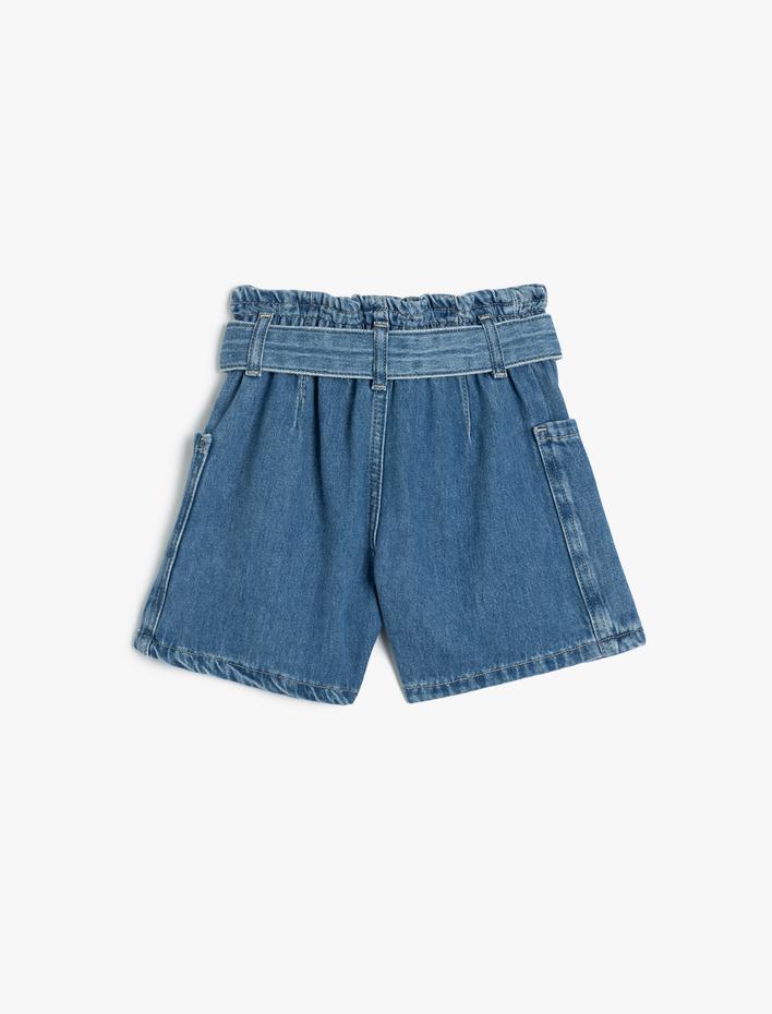 Kız Çocuk Kot Şort Kuşak Detaylı Cepli Pamuklu Beli Lastikli