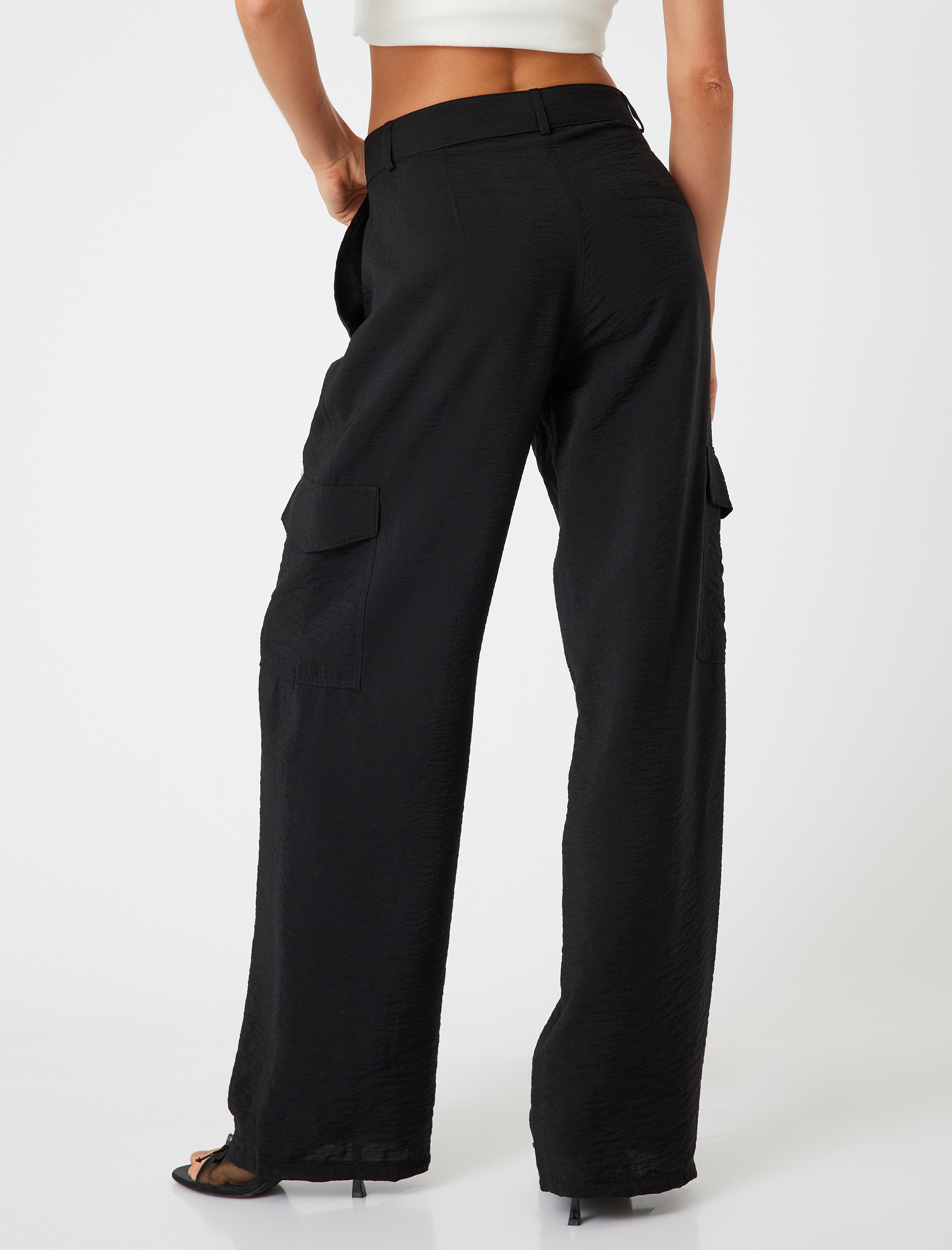   Geniş Paça Kargo Pantolon Viskon Kumaş Cepli Rahat Kalıp