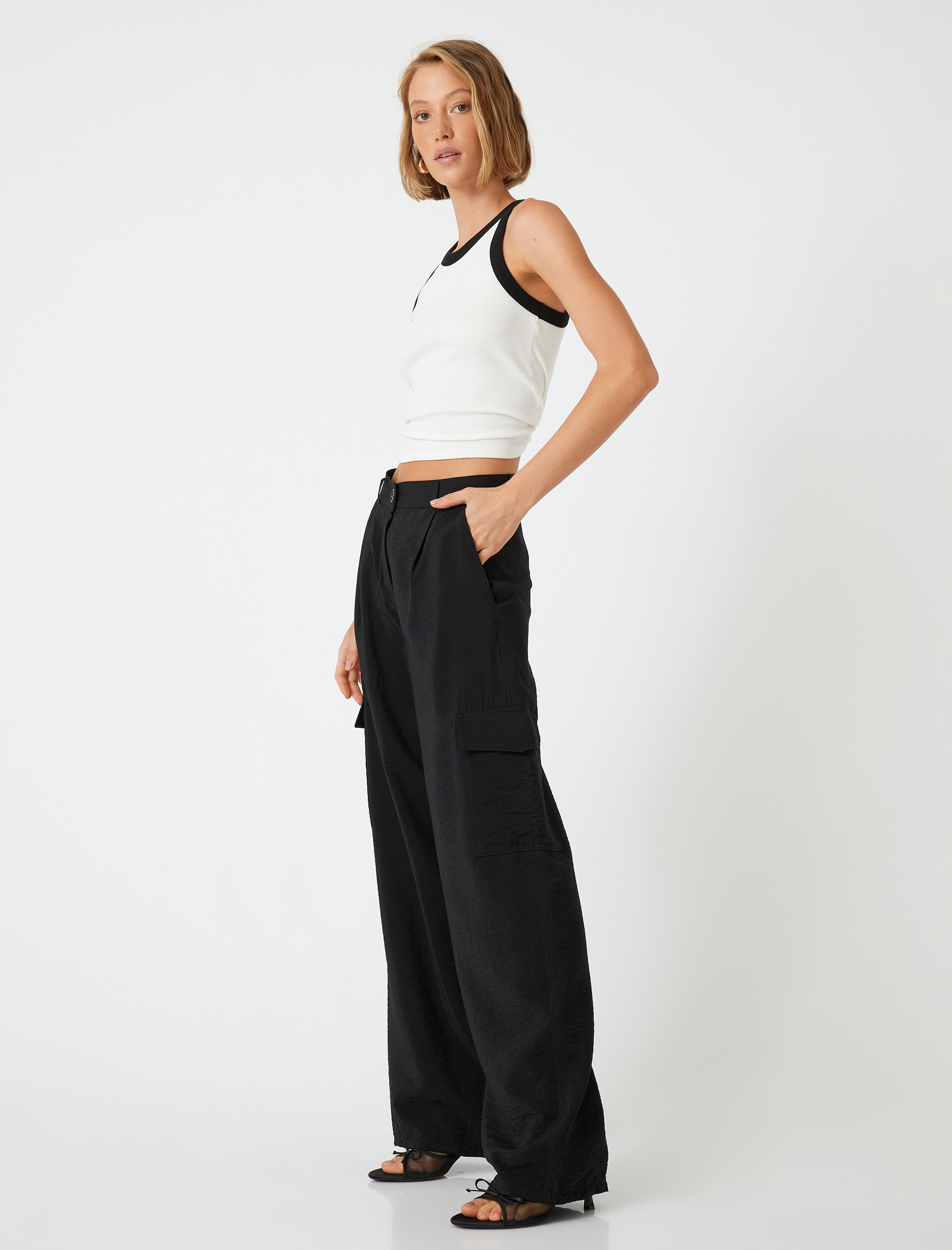   Geniş Paça Kargo Pantolon Viskon Kumaş Cepli Rahat Kalıp