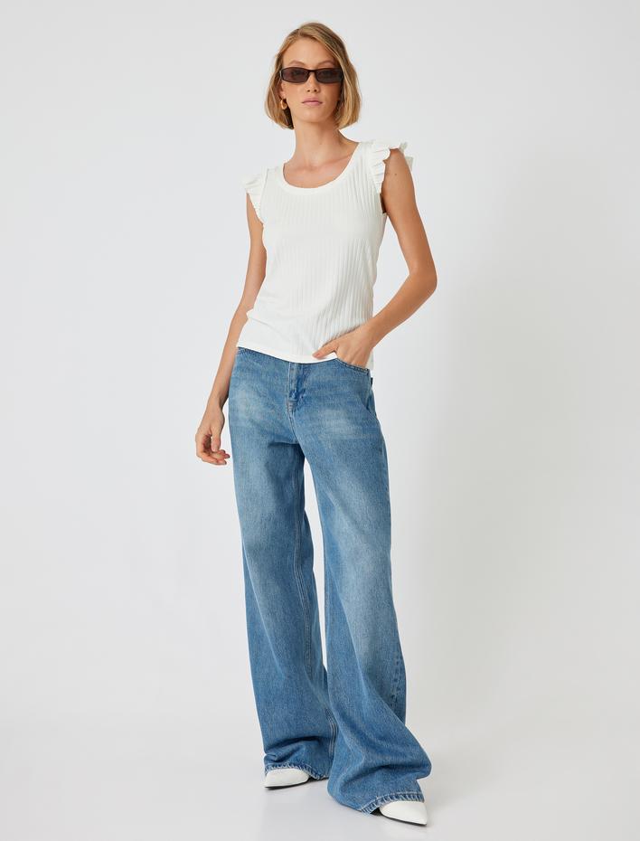  Yuvarlak Yaka Ribanalı Slim Fit Fırfırlı Karpuz Kol Tişört