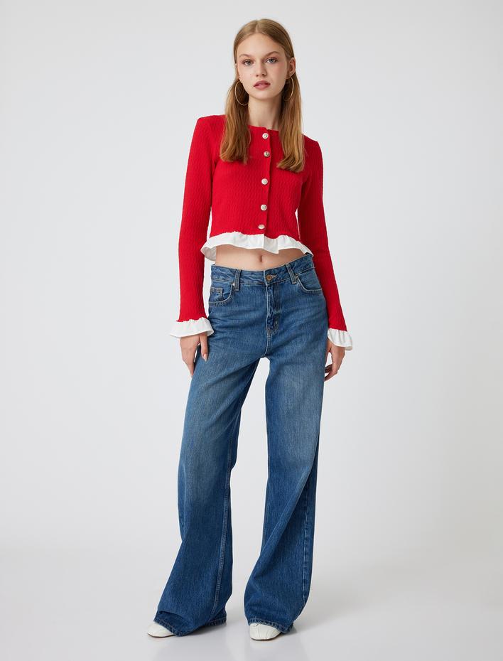  Crop Hırka Düğmeli Fırfır Detaylı Bisiklet Yaka Slim Fit