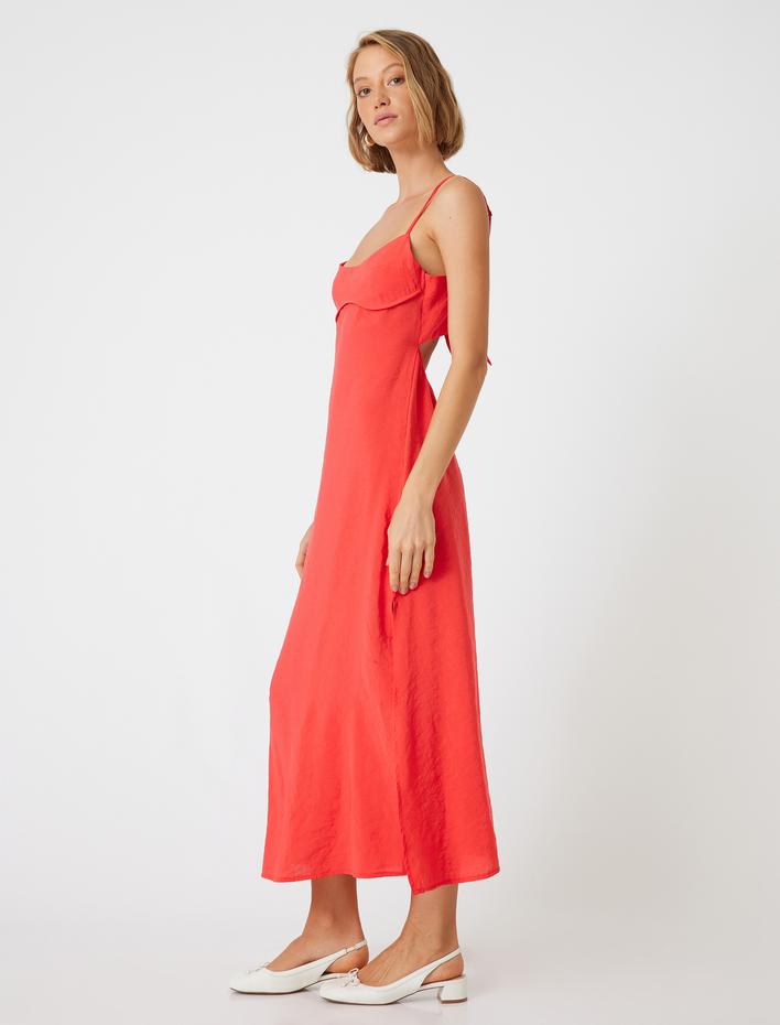  Uzun Askılı Elbise Arkası Pencere Detaylı Bağlamalı Modal Kumaş Slim Fit