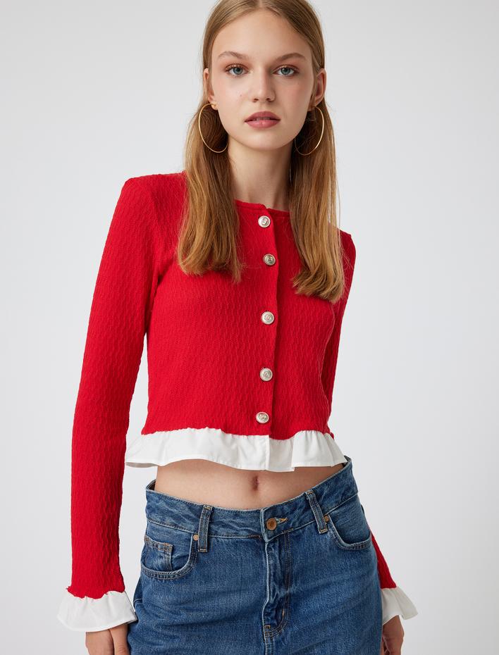  Crop Hırka Düğmeli Fırfır Detaylı Bisiklet Yaka Slim Fit