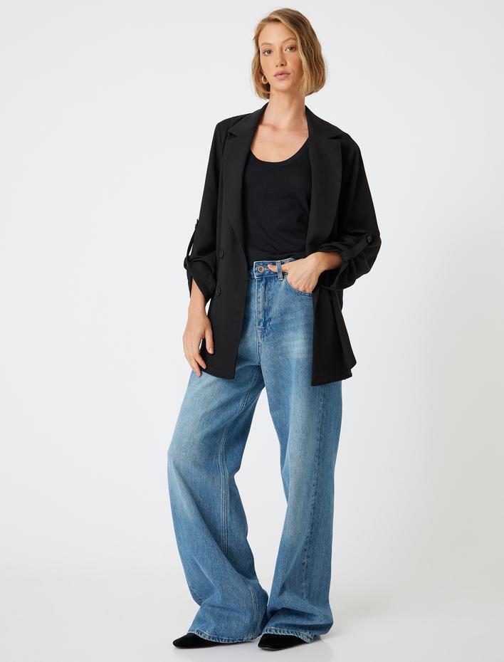  3/4 Kol Ters Kruvaze Yaka Bol Kalıp Blazer Ceket