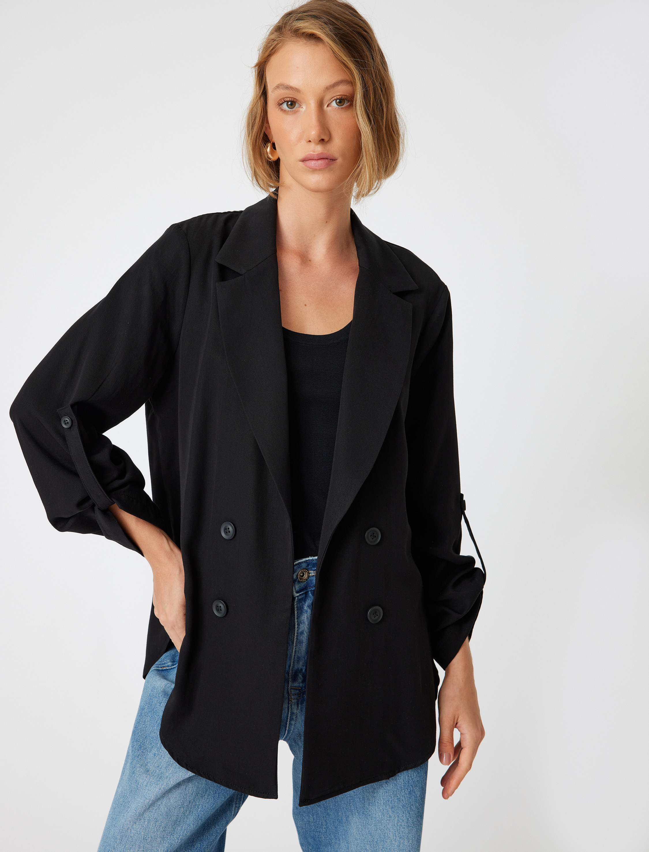   3/4 Kol Ters Kruvaze Yaka Bol Kalıp Blazer Ceket