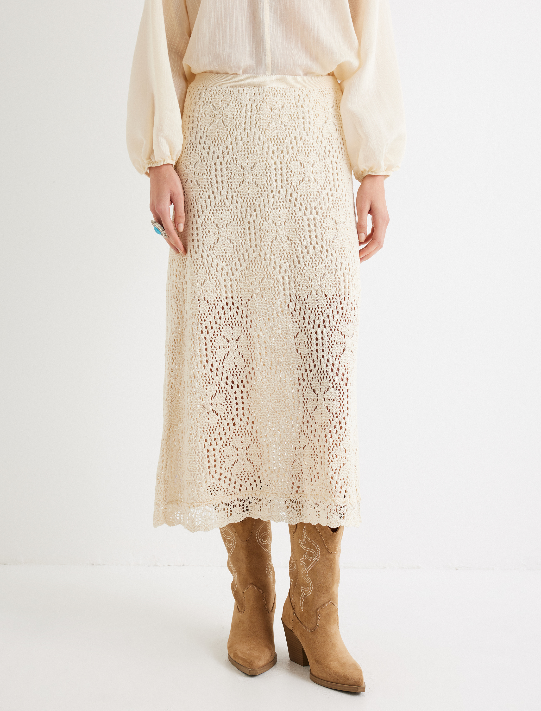 Standart Bel Ajurlu Floral Midi Boy Triko Etek