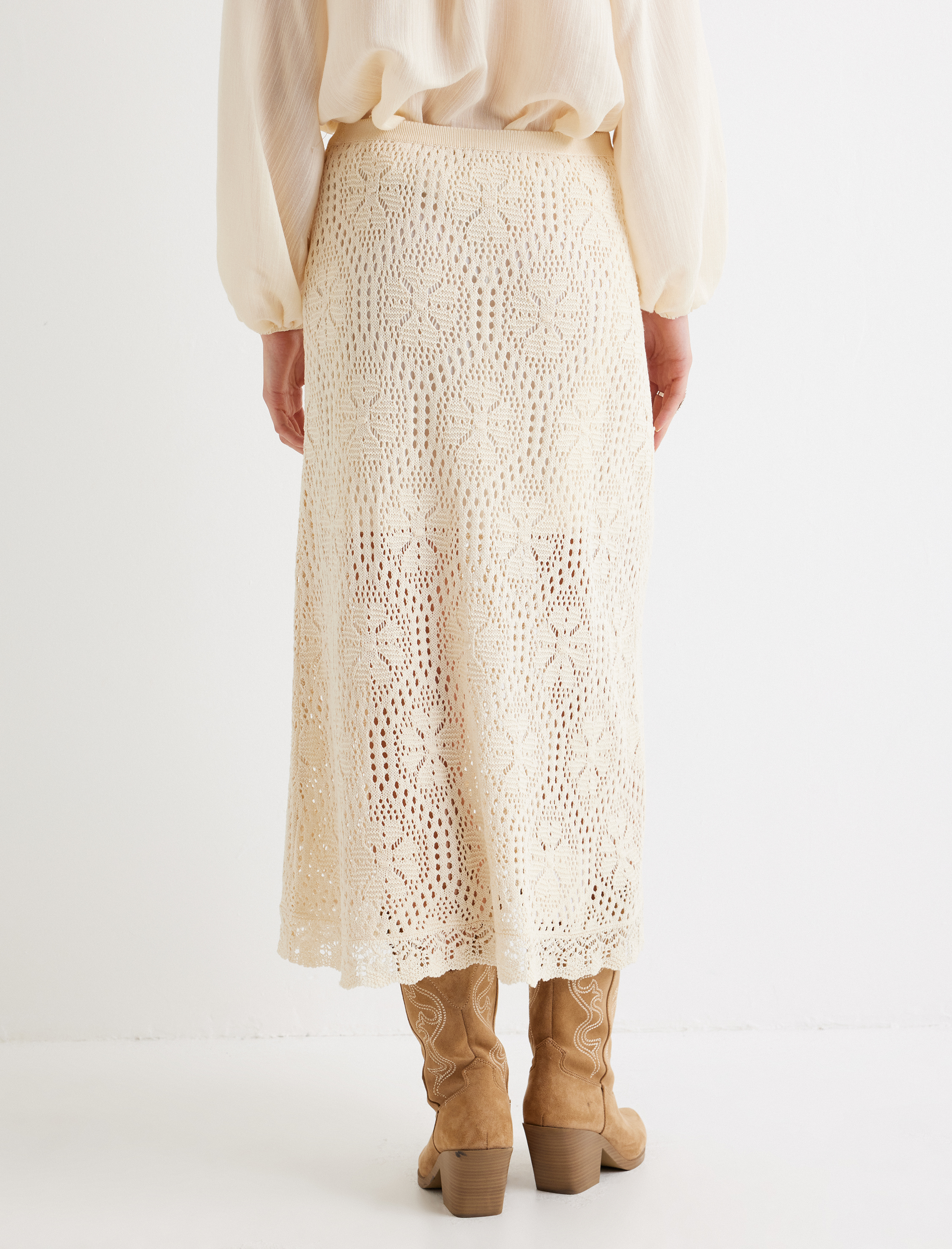 Standart Bel Ajurlu Floral Midi Boy Triko Etek