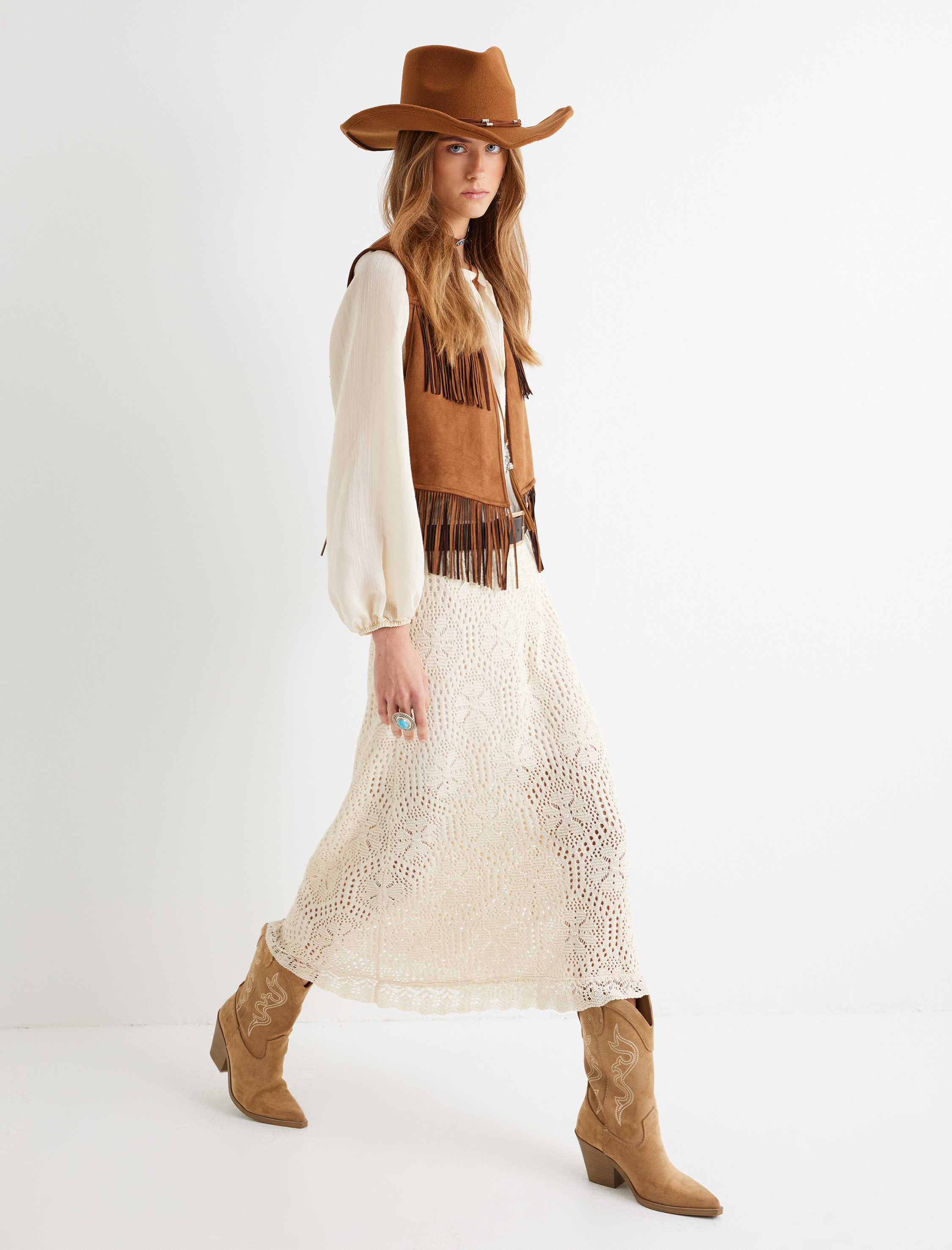 Standart Bel Ajurlu Floral Midi Boy Triko Etek