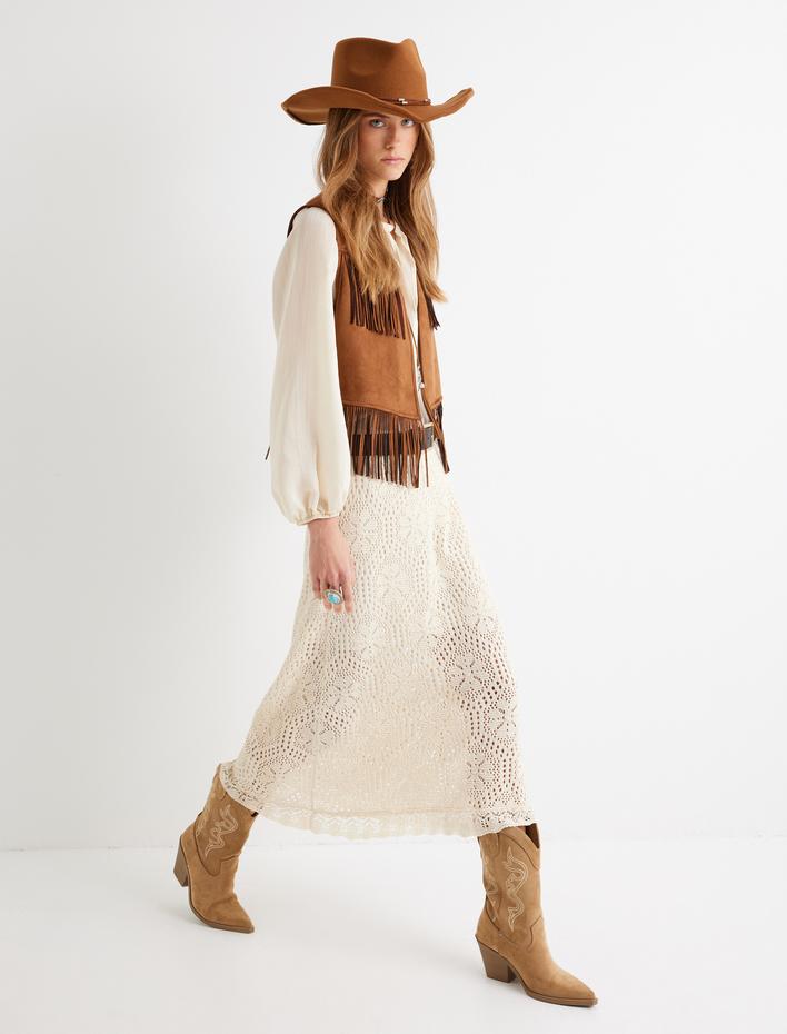  Standart Bel Ajurlu Floral Midi Boy Triko Etek