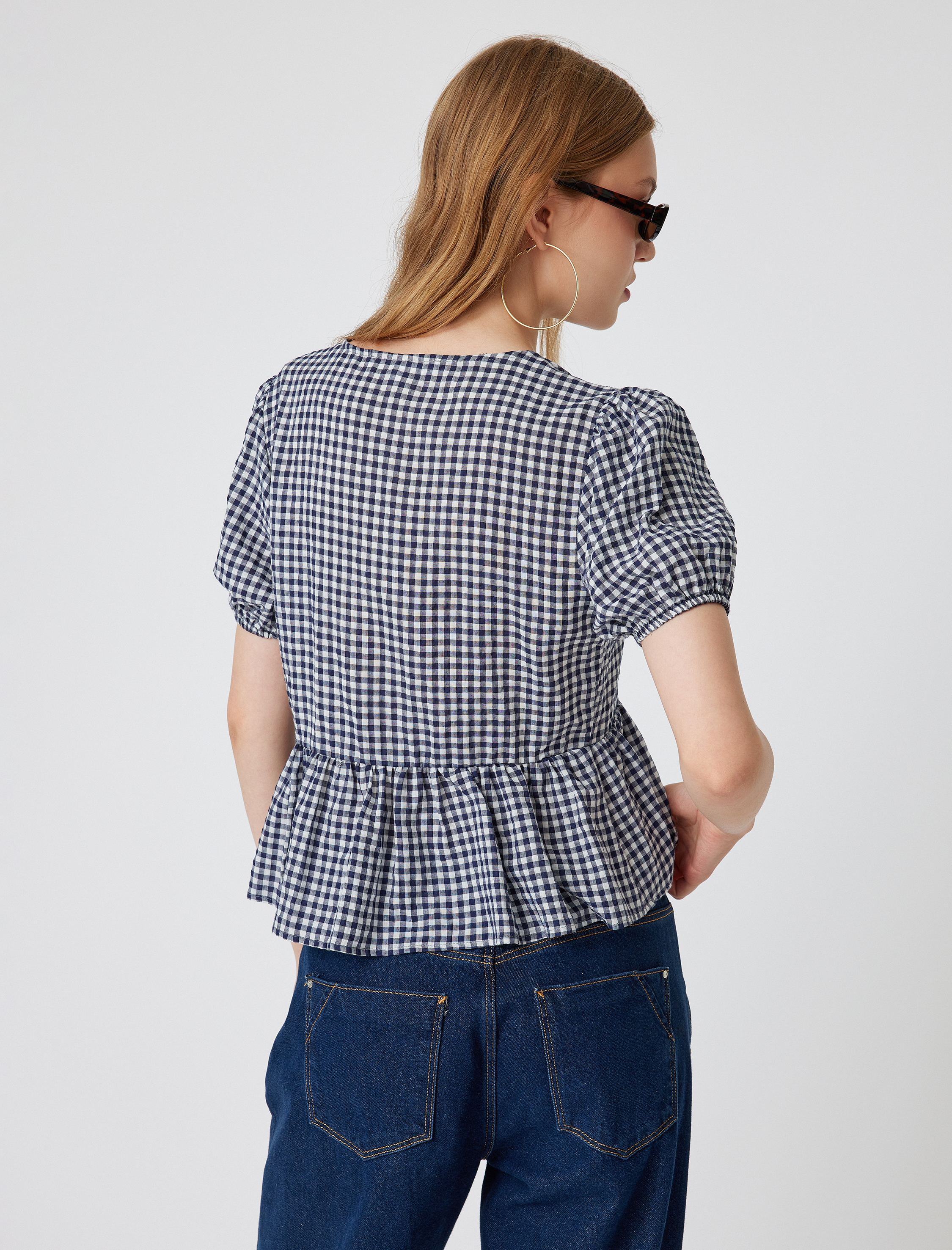 Balon Kol Bluz Volanlı Bağcıklı Slim Fit Pötikareli