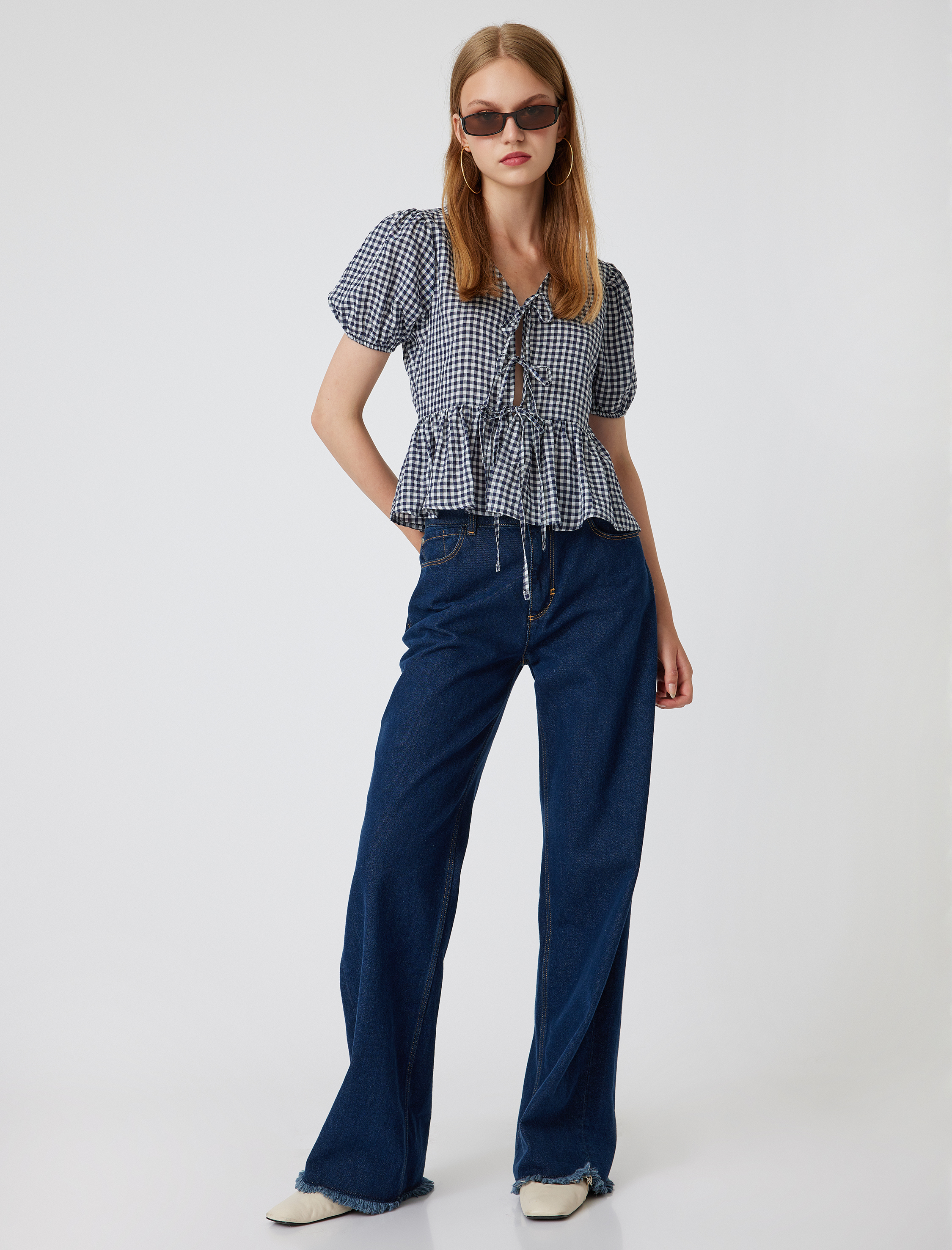 Balon Kol Bluz Volanlı Bağcıklı Slim Fit Pötikareli