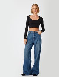 Uzun Kollu Crop Tişört Fitilli Derin Yuvarlak Yaka Pamuklu Slim Fit