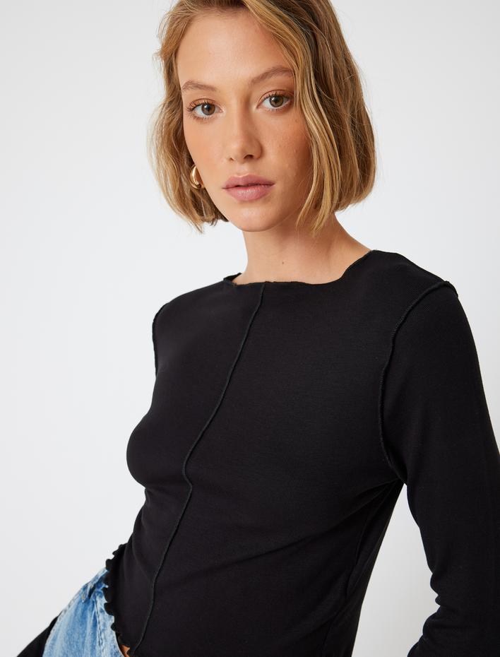  Uzun Kollu Crop Body Viskon Kumaş Ters Dikiş Detaylı