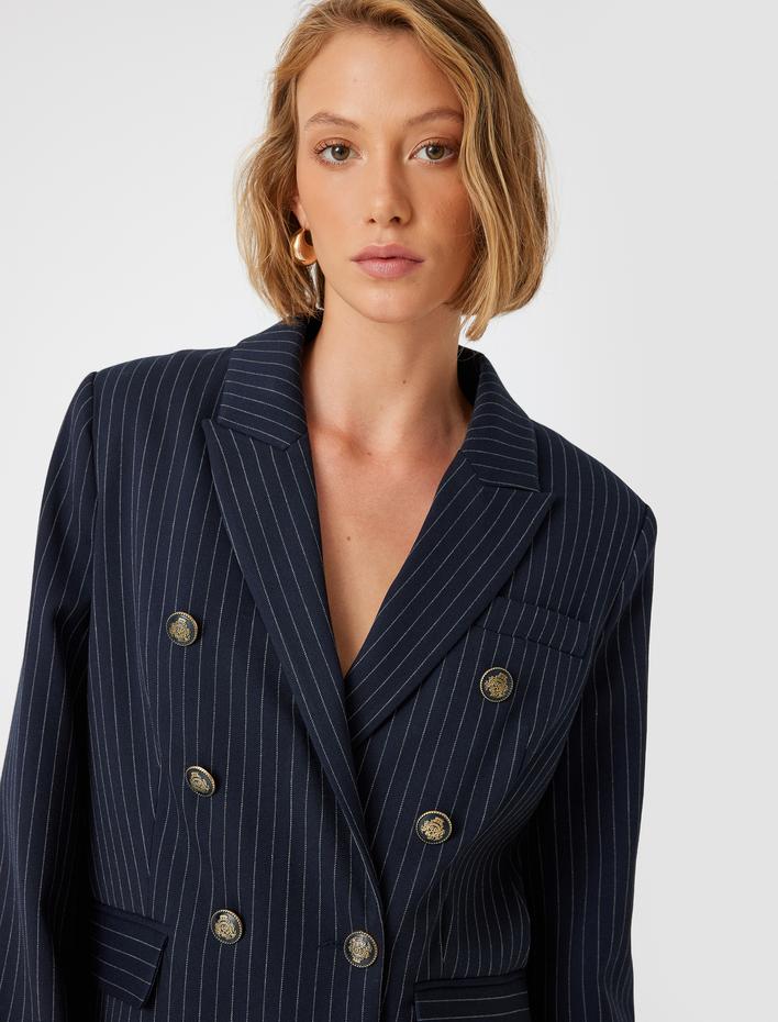  Kruvaze Blazer Ceket Kalça Boy Kapaklı Çift Cepli Düğmeli