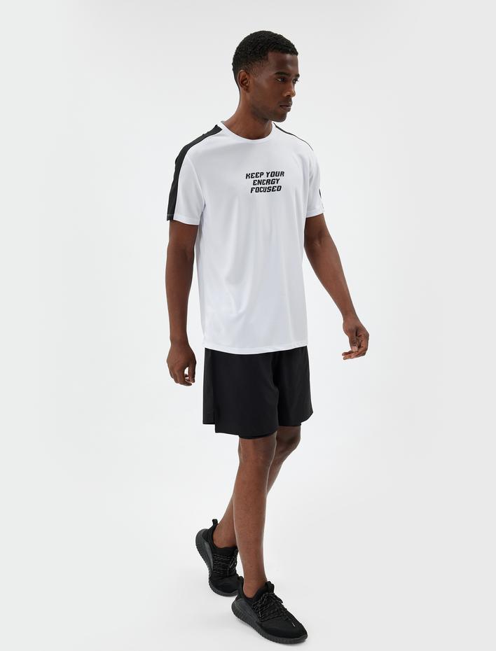  Slogan Baskılı Kısa Kollu Renk Kontrastlı Bisiklet Yaka Spor Tişört