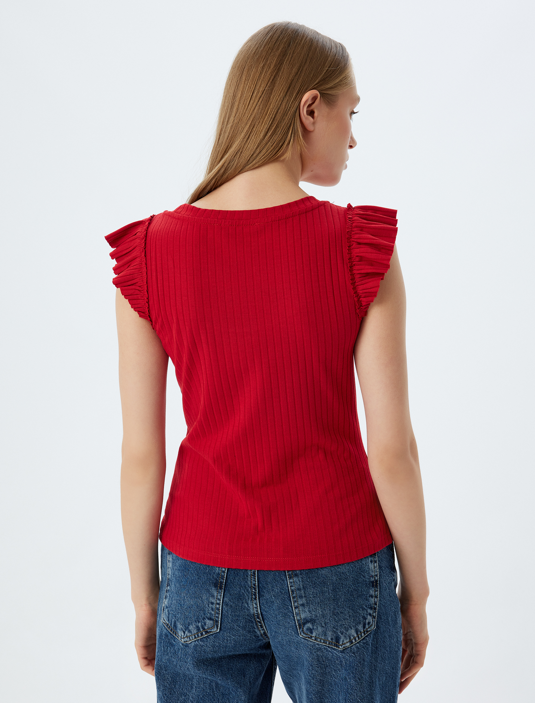   Yuvarlak Yaka Ribanalı Slim Fit Fırfırlı Karpuz Kol Tişört