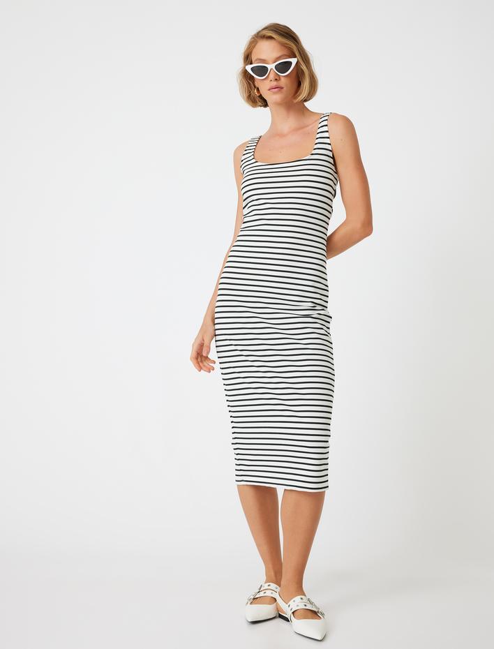  Midi Boy Kalem Elbise Kalın Askılı U Yaka Slim Fit