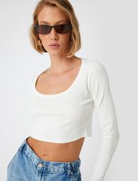 Uzun Kollu Crop Tişört Fitilli Derin Yuvarlak Yaka Pamuklu Slim Fit