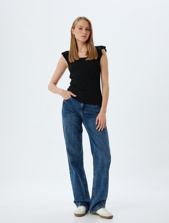  Yuvarlak Yaka Ribanalı Slim Fit Fırfırlı Karpuz Kol Tişört