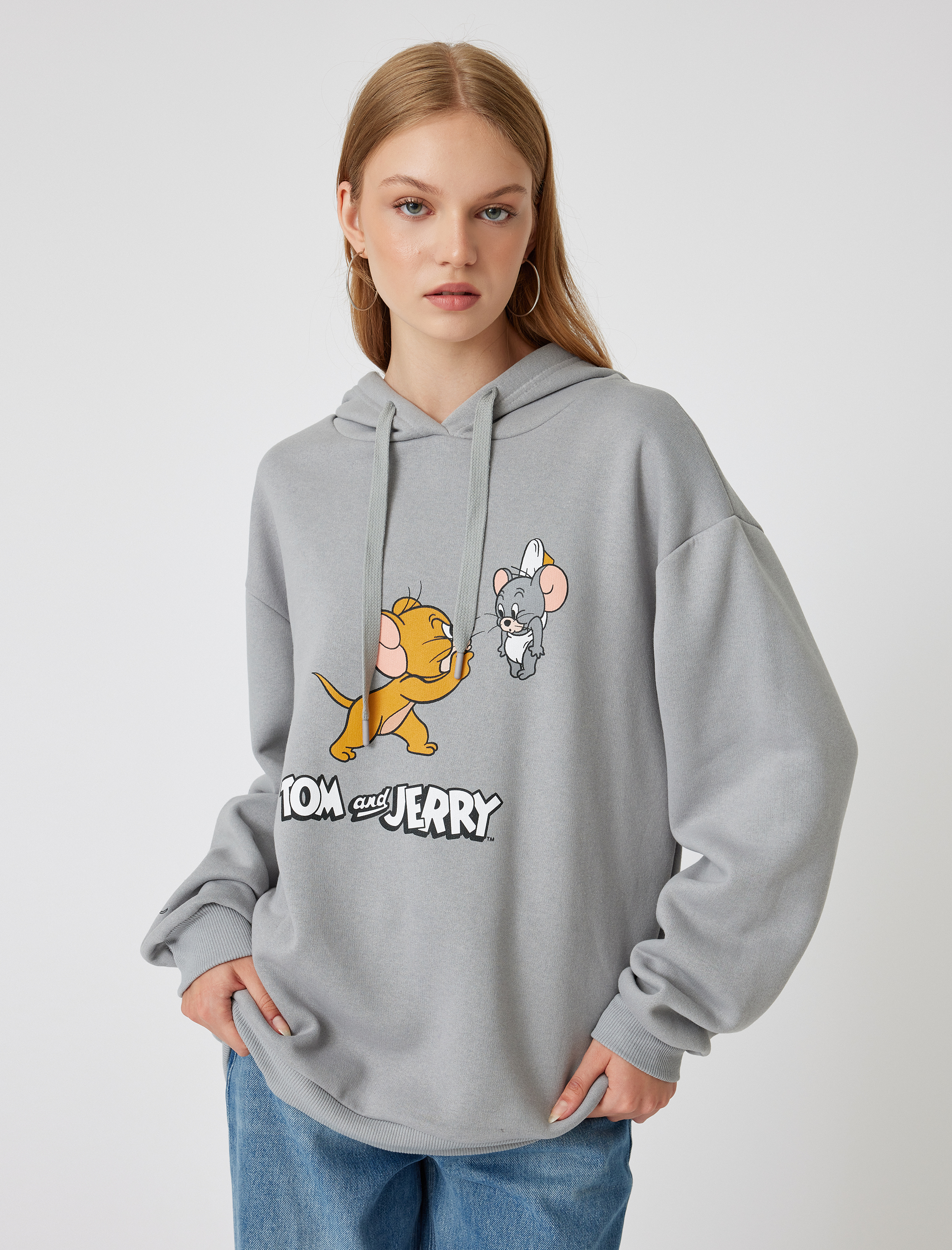   Şardonlu Tom ve Jerry Oversize Kapüşonlu Sweatshirt Lisanslı Baskılı