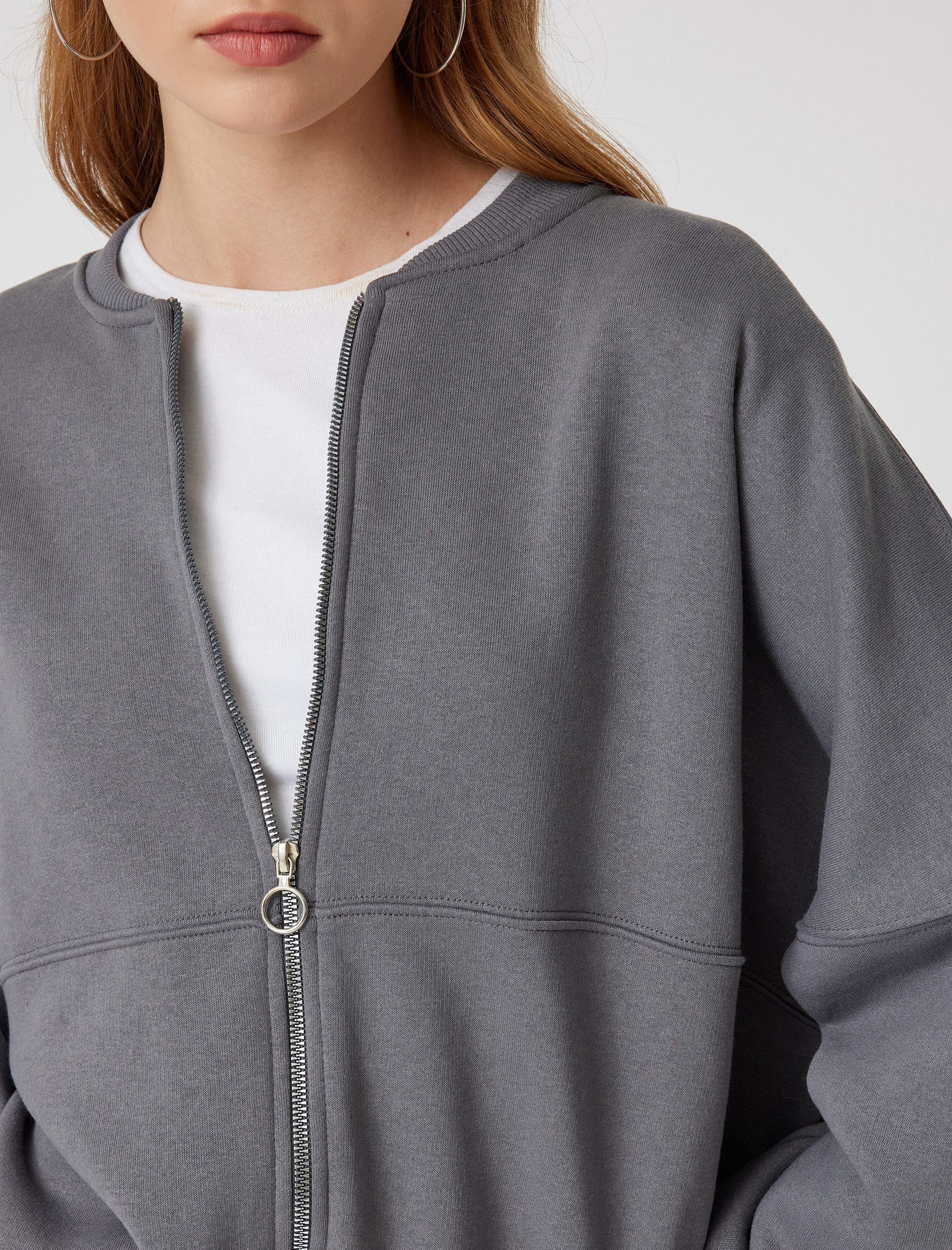 Şardonlu Oversize Fermuarlı Dikiş Detaylı Sweatshirt