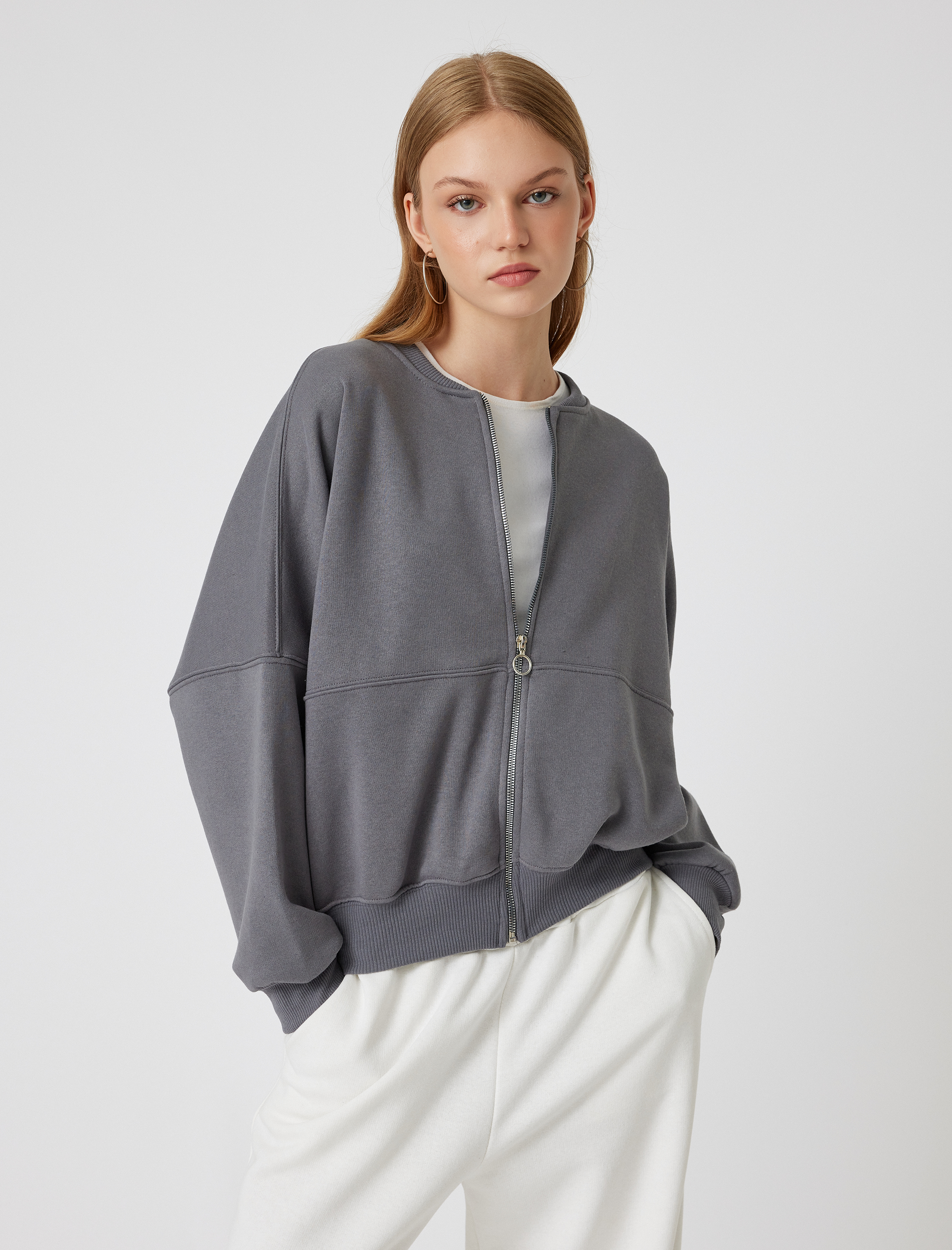 Şardonlu Oversize Fermuarlı Dikiş Detaylı Sweatshirt