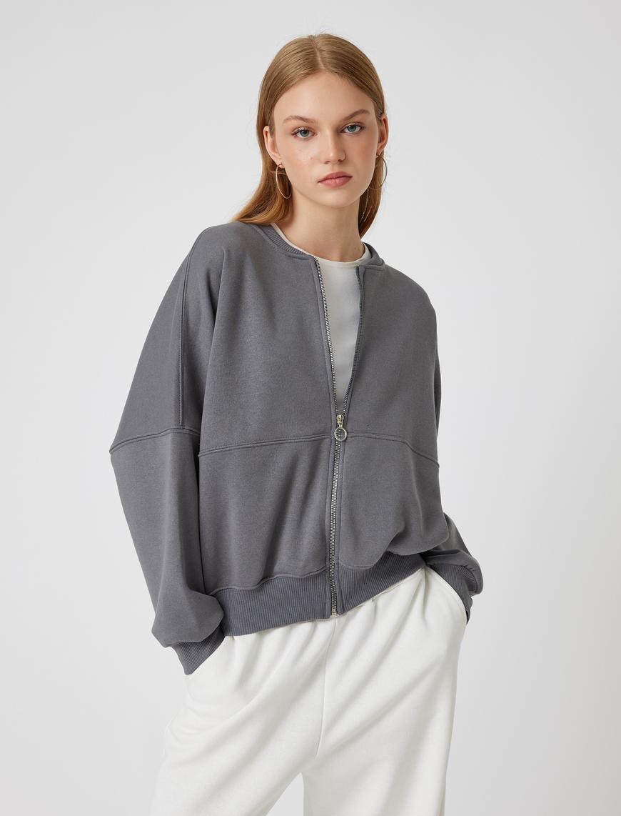   Şardonlu Oversize Fermuarlı Dikiş Detaylı Sweatshirt