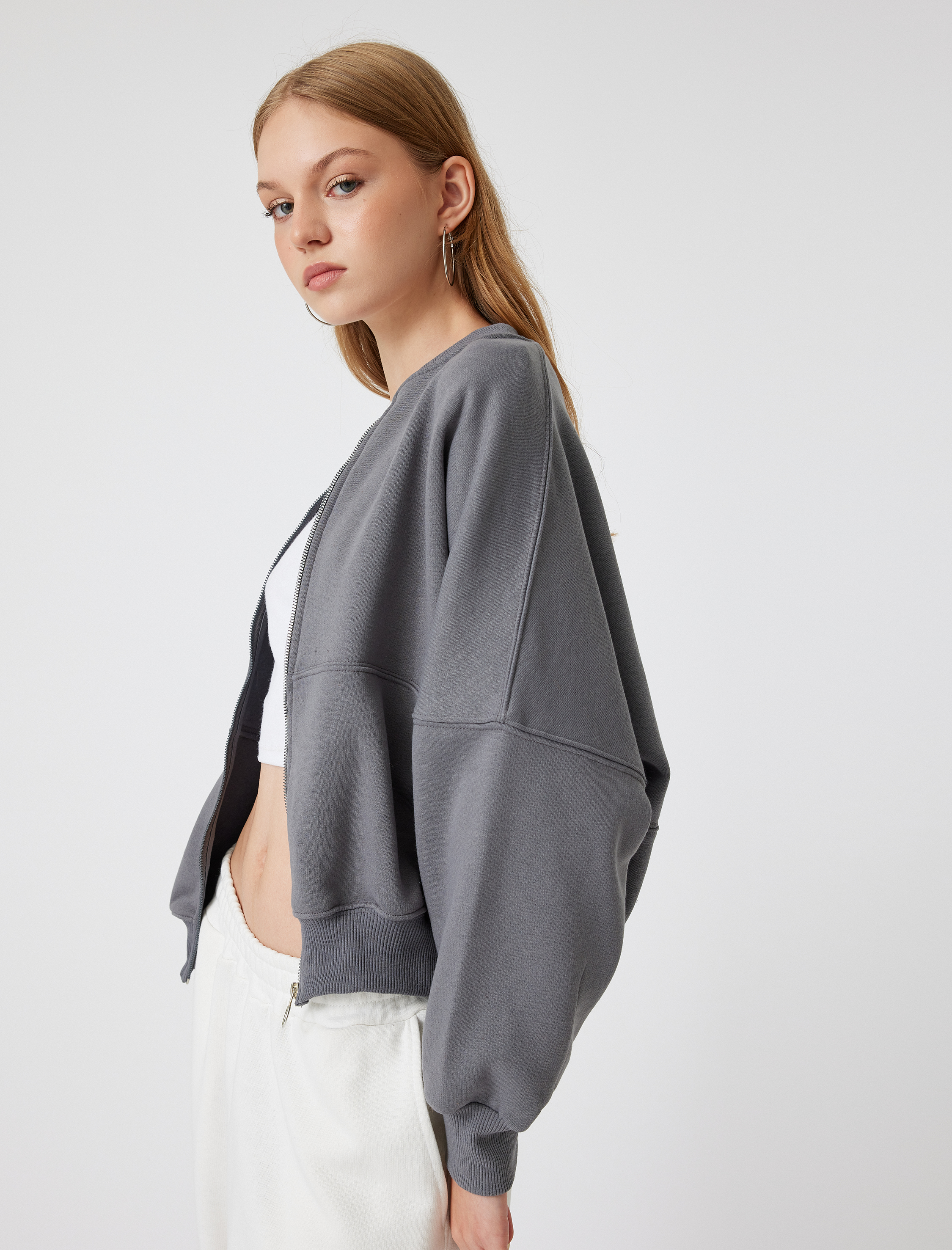 Şardonlu Oversize Fermuarlı Dikiş Detaylı Sweatshirt