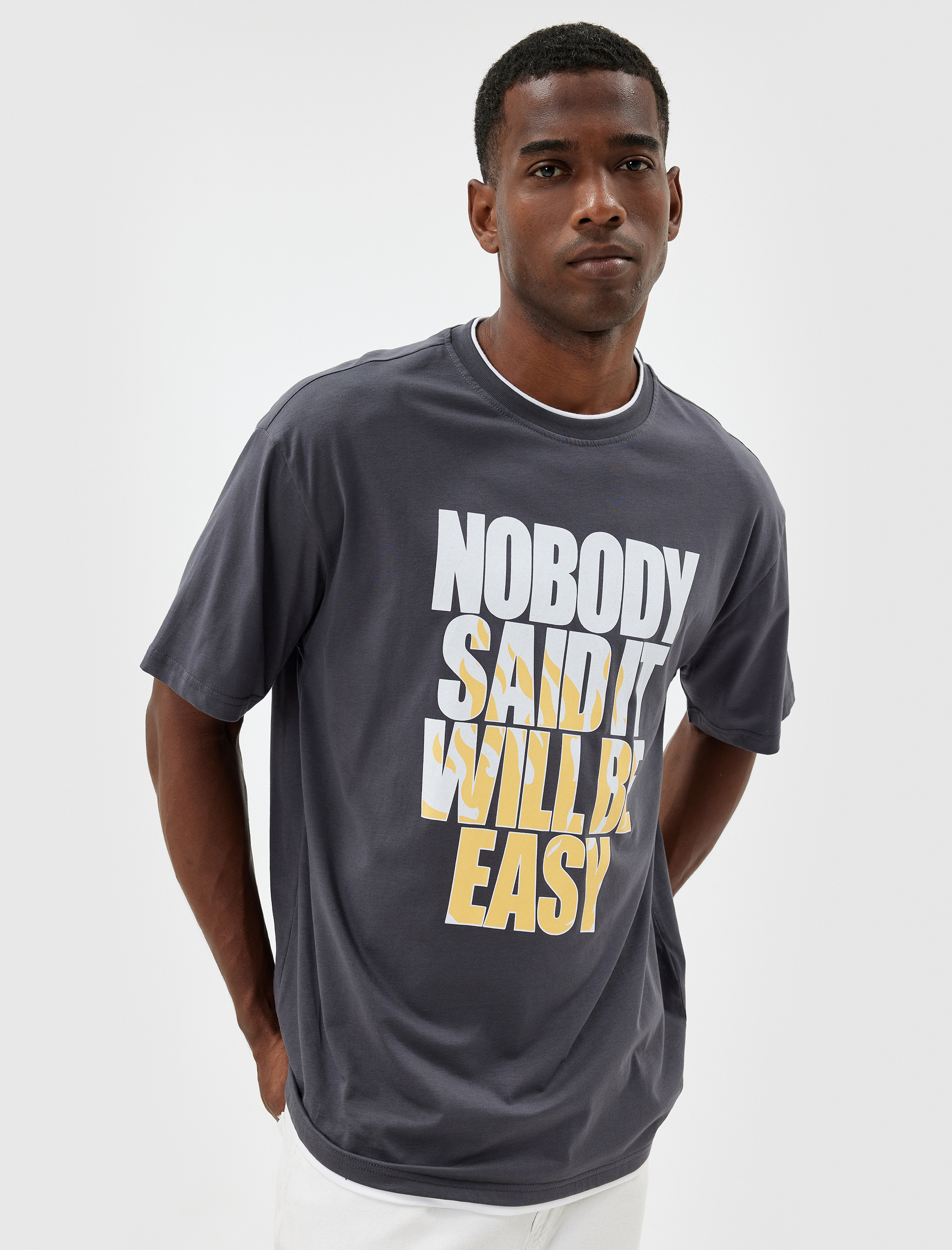   Oversize Tişört Slogan Baskılı Bisiklet Yaka Kısa Kollu Pamuklu