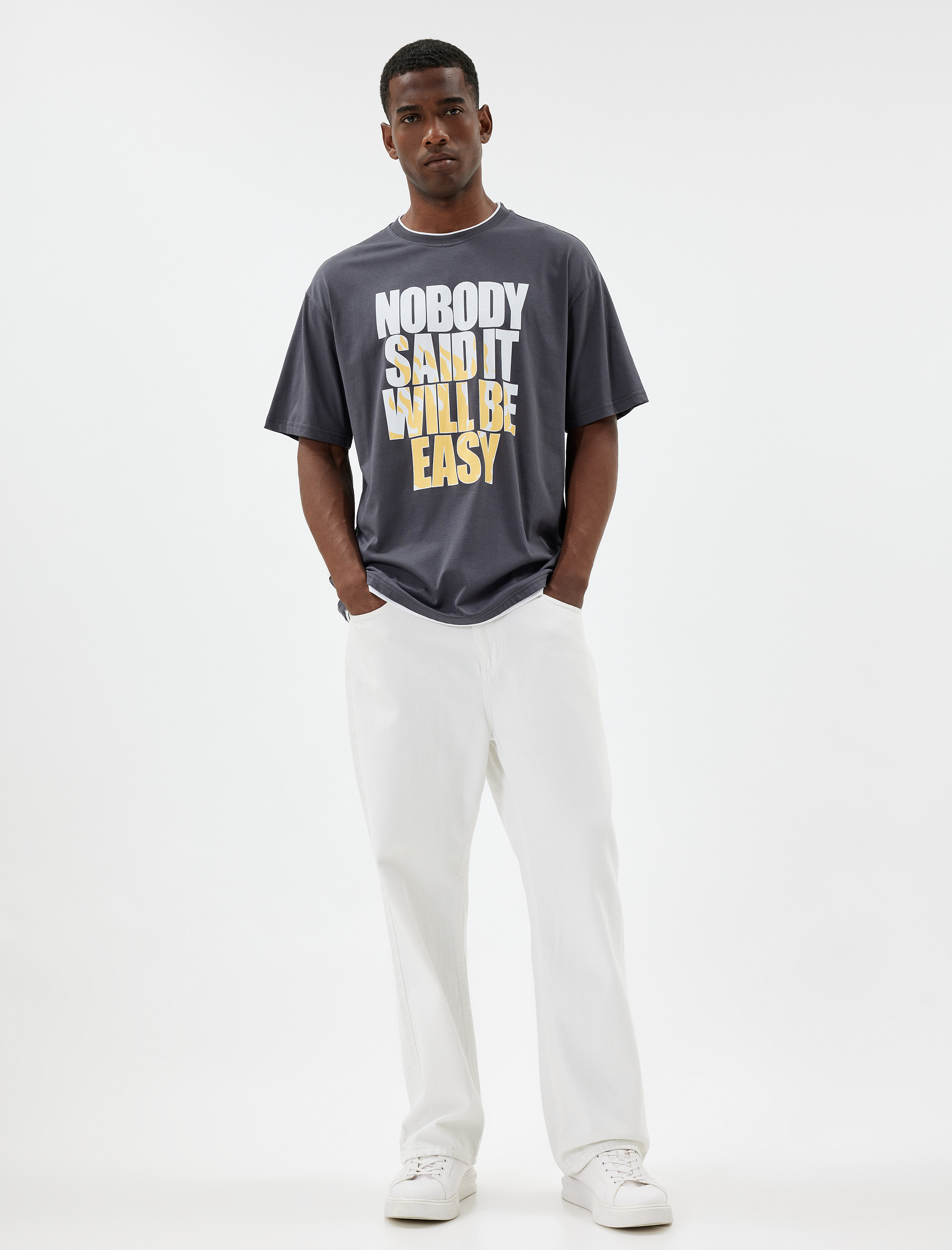   Oversize Tişört Slogan Baskılı Bisiklet Yaka Kısa Kollu Pamuklu