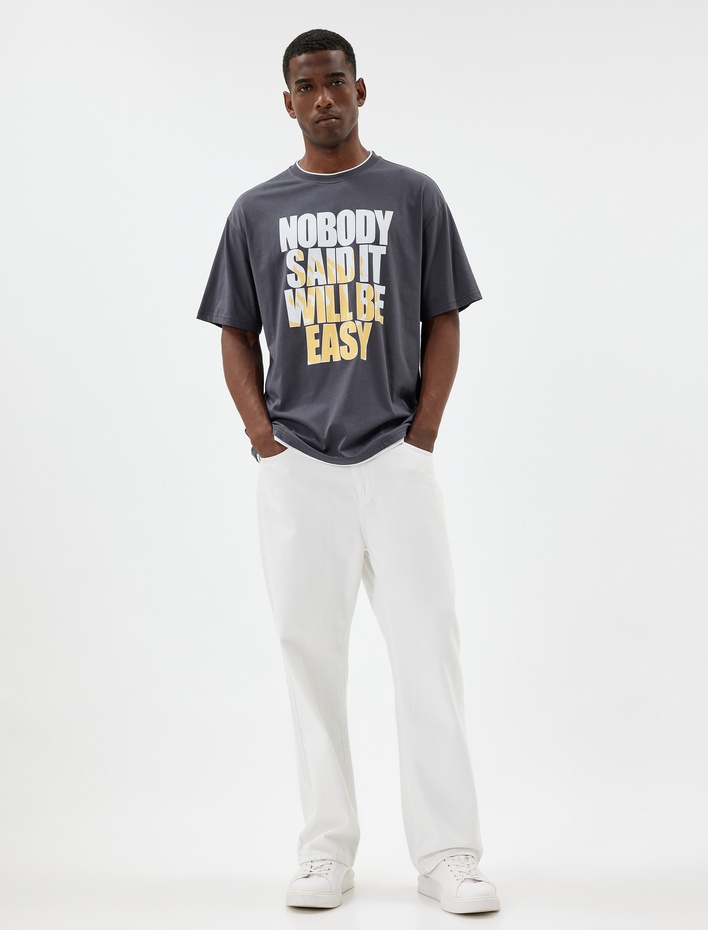  Oversize Tişört Slogan Baskılı Bisiklet Yaka Kısa Kollu Pamuklu