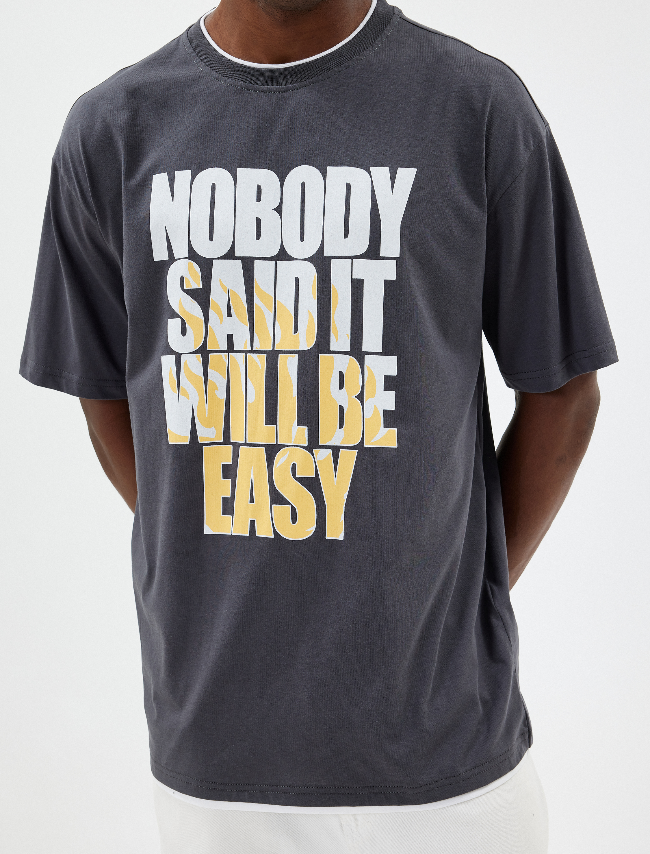   Oversize Tişört Slogan Baskılı Bisiklet Yaka Kısa Kollu Pamuklu