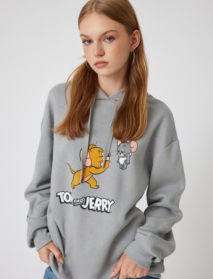  Şardonlu Tom ve Jerry Oversize Kapüşonlu Sweatshirt Lisanslı Baskılı