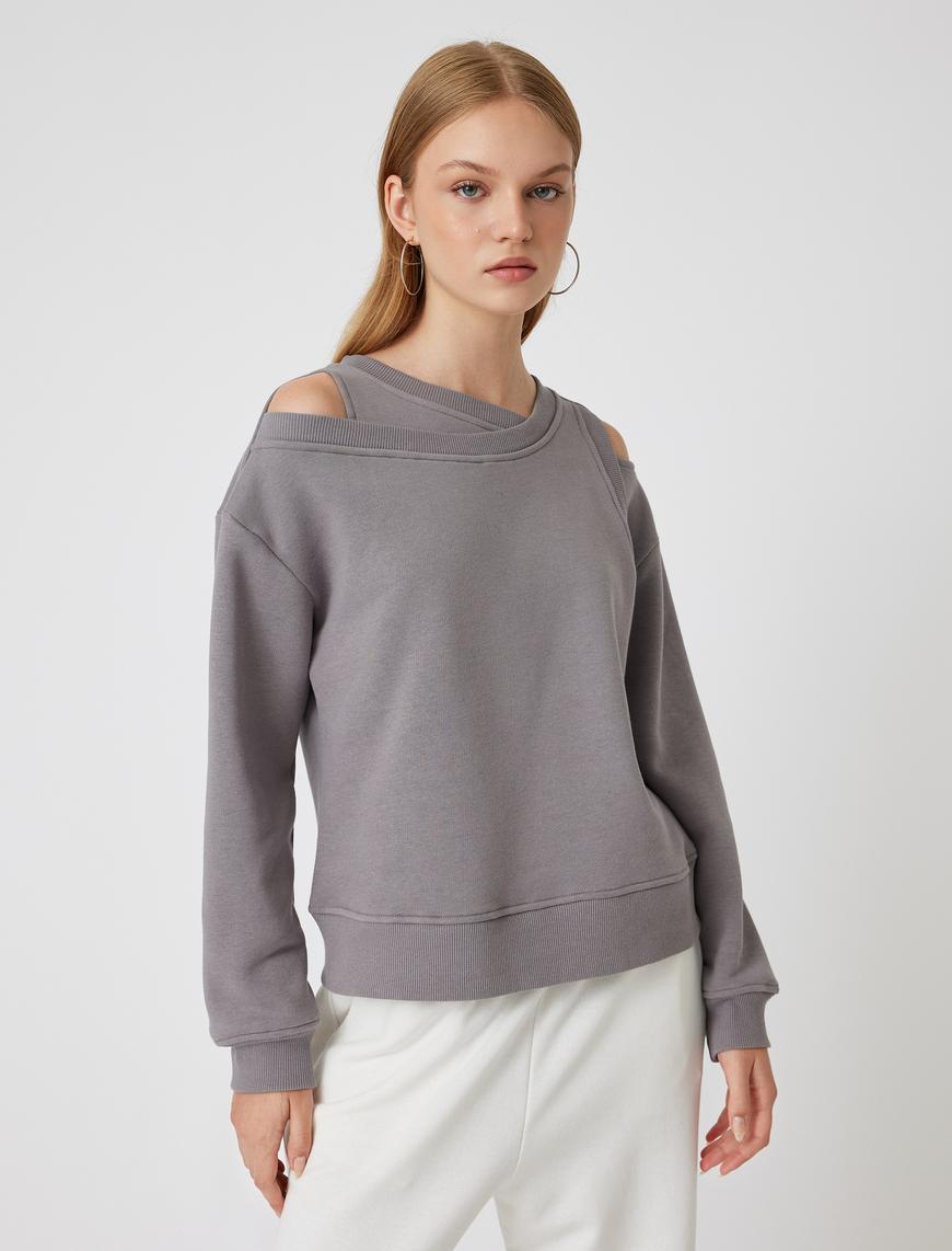   Şardonlu Oversize Sweatshirt Asimetrik Yaka Pencere Detaylı Uzun Kollu Ribanalı