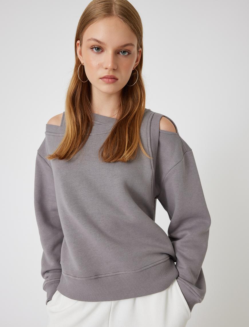   Şardonlu Oversize Sweatshirt Asimetrik Yaka Pencere Detaylı Uzun Kollu Ribanalı