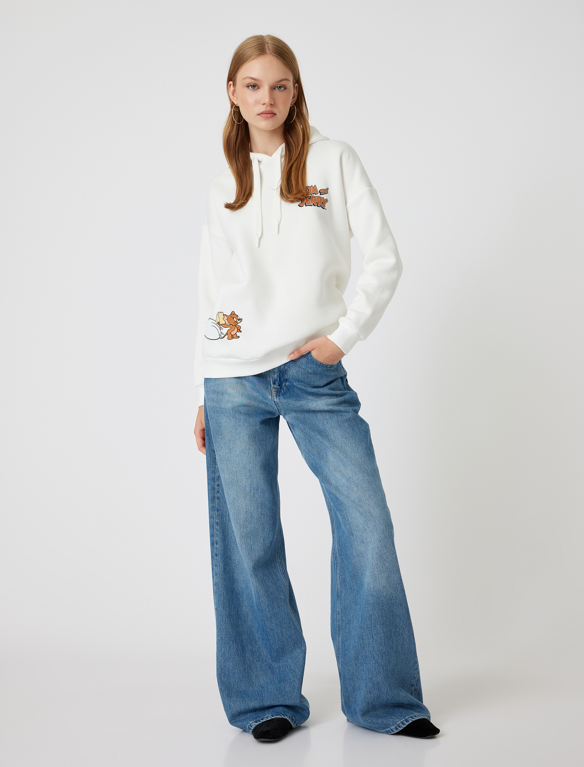   Şardonlu Tom ve Jerry Oversize Kapüşonlu Sweatshirt Lisanslı Arkası Baskılı