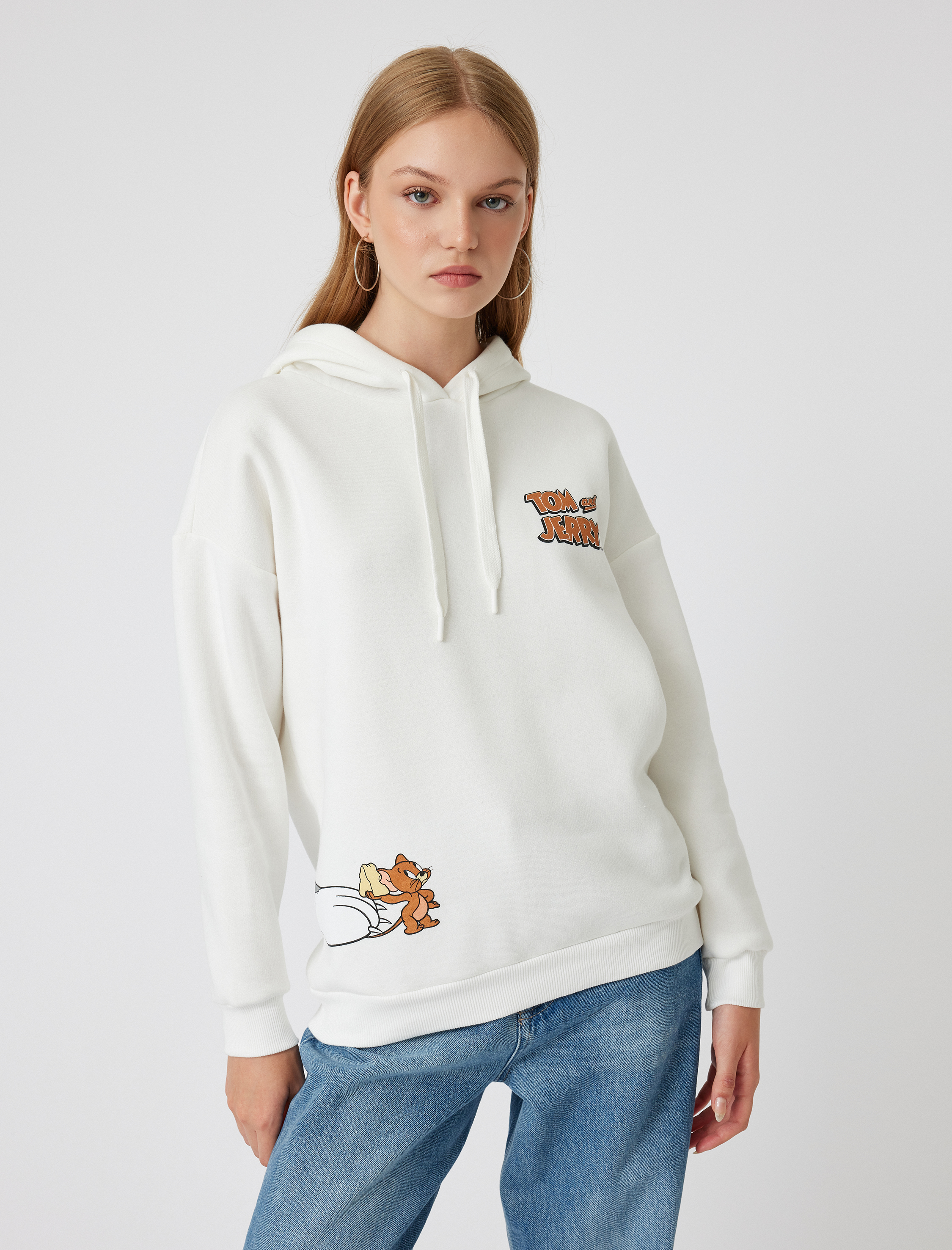   Şardonlu Tom ve Jerry Oversize Kapüşonlu Sweatshirt Lisanslı Arkası Baskılı