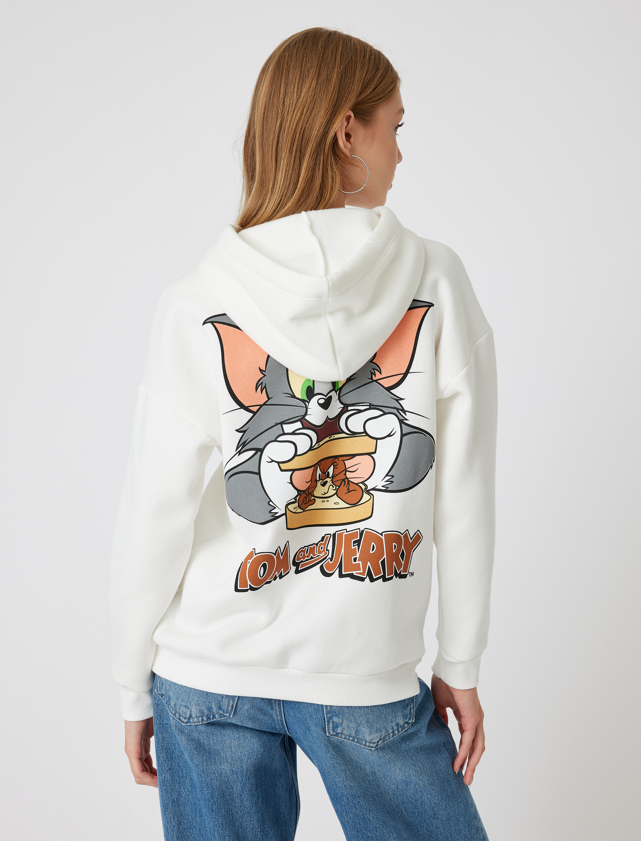   Şardonlu Tom ve Jerry Oversize Kapüşonlu Sweatshirt Lisanslı Arkası Baskılı