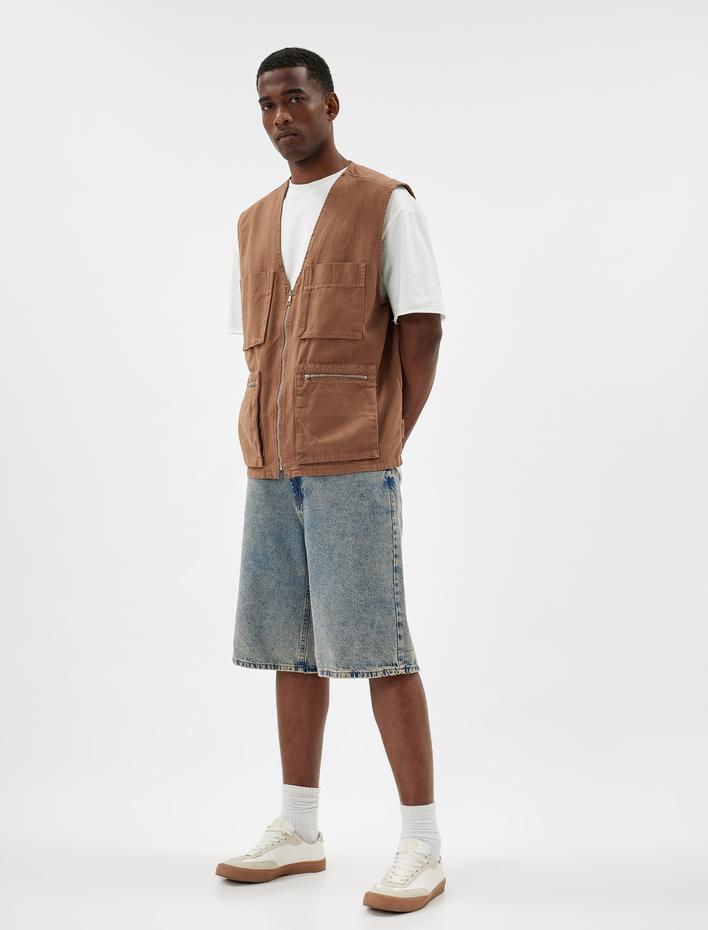  Slim Fit Yelek V Yaka Cepli Fermuarlı Pamuklu