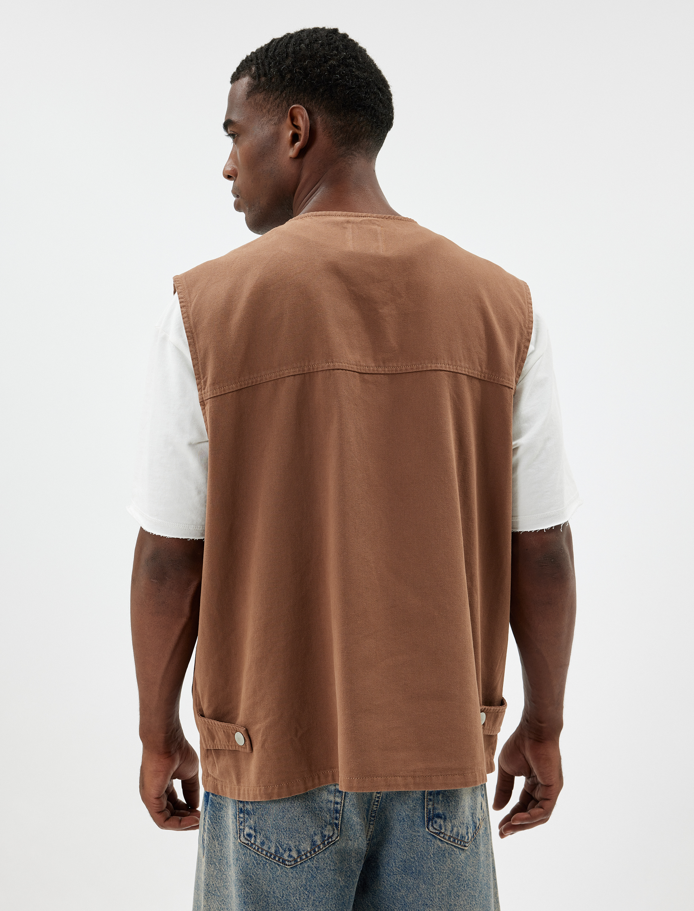   Slim Fit Yelek V Yaka Cepli Fermuarlı Pamuklu