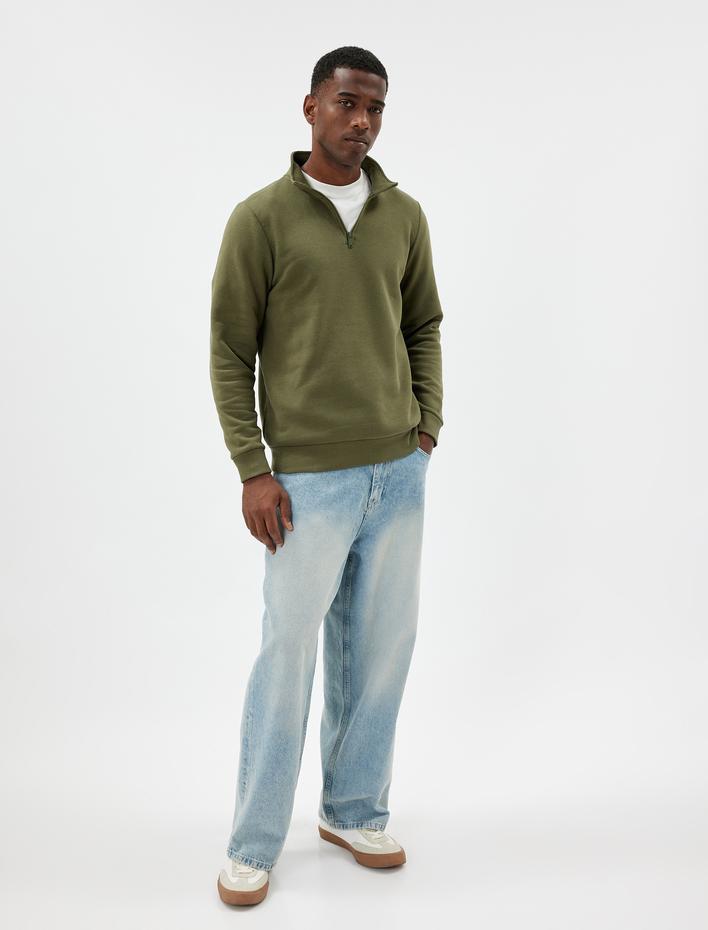  Yarım Fermuarlı Yaka Basic Şardonlu Pamuk Karışımlı Uzun Kollu Sweatshirt