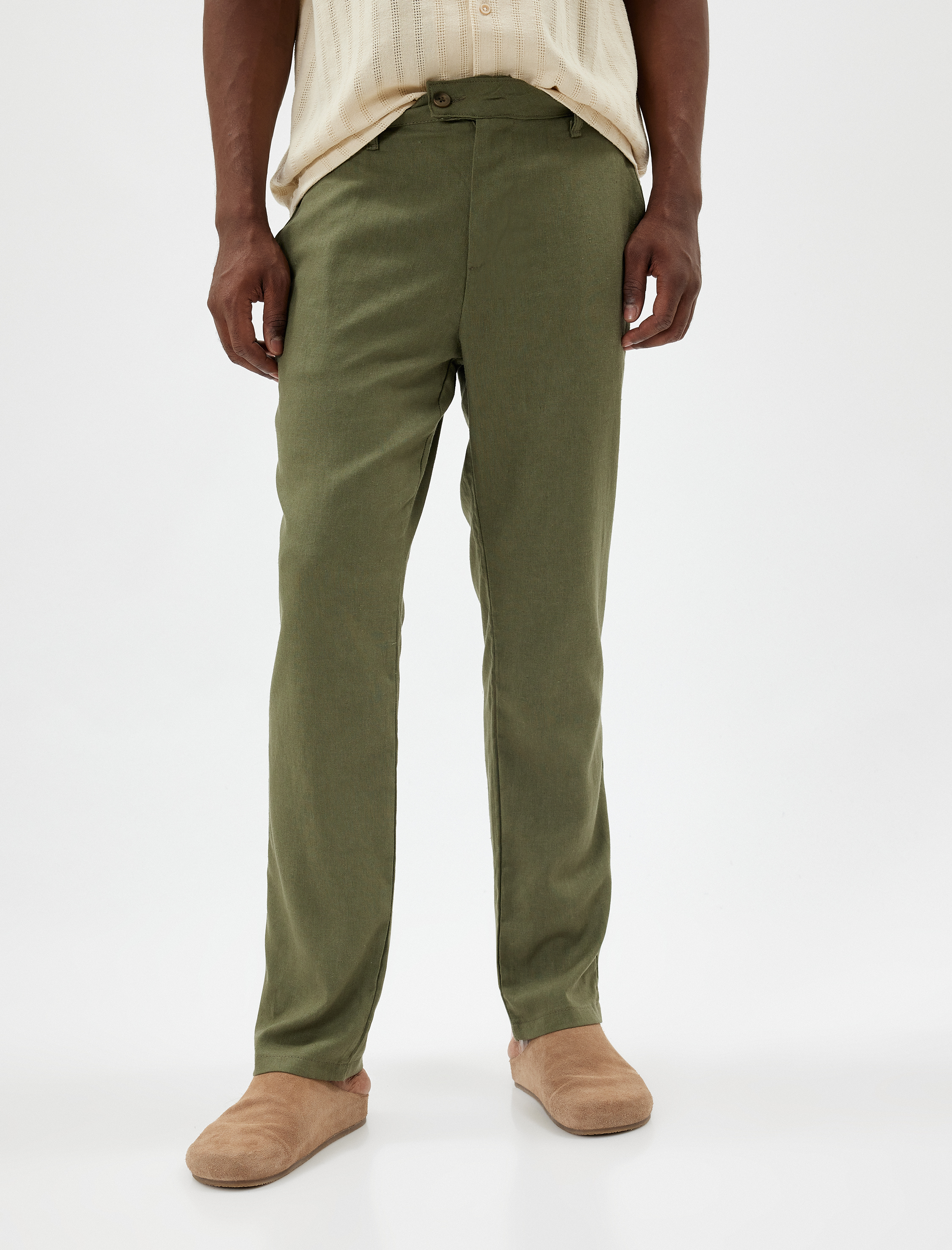 Viskon Keten Karışımlı Pantolon Chino Cep Detaylı Düğmeli