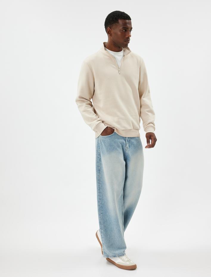  Yarım Fermuarlı Yaka Basic Şardonlu Pamuk Karışımlı Uzun Kollu Sweatshirt