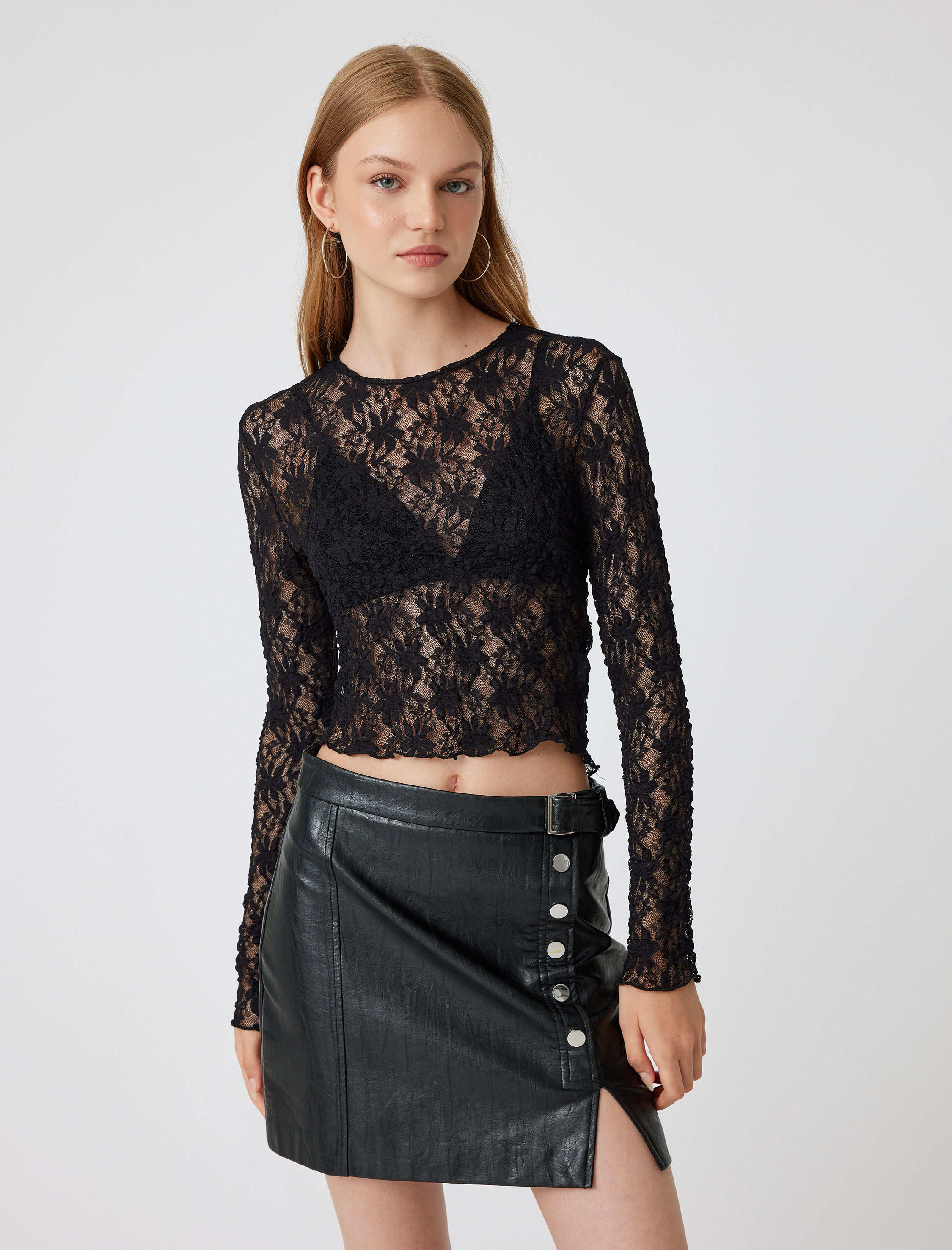   Dantel Bluz Crop Uzun Kollu Bisiklet Yaka