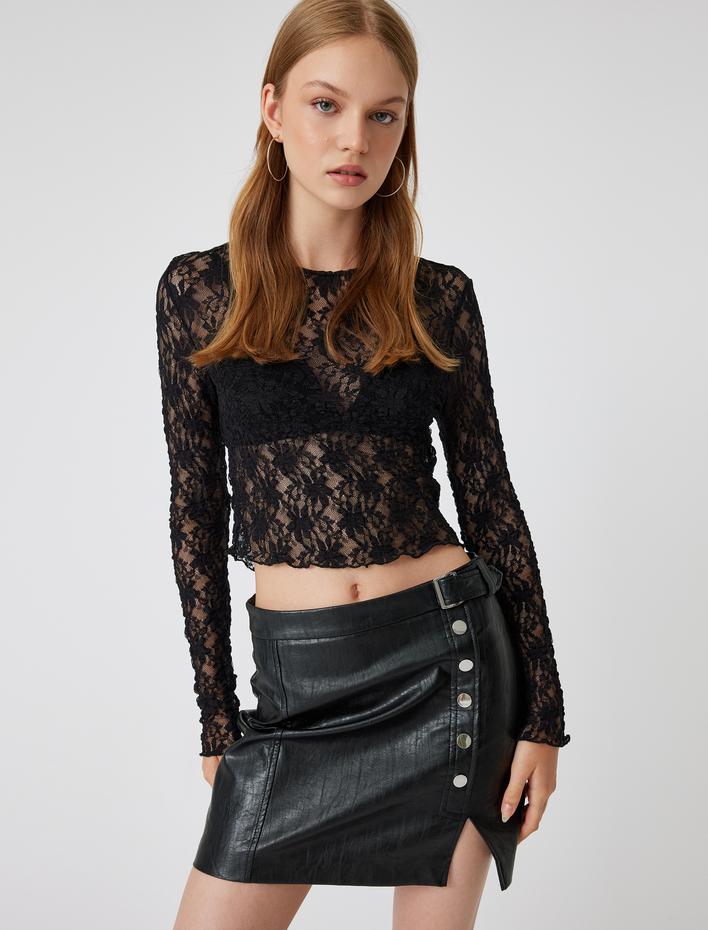  Dantel Bluz Crop Uzun Kollu Bisiklet Yaka