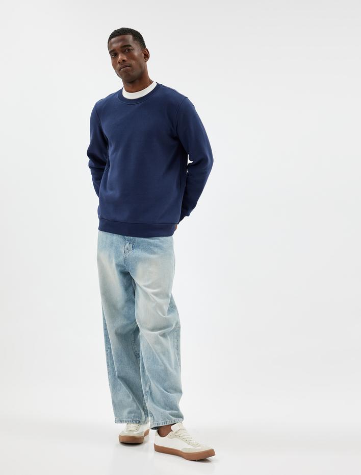  Bisiklet Yaka Sweatshirt Basic Uzun Kollu Şardonlu